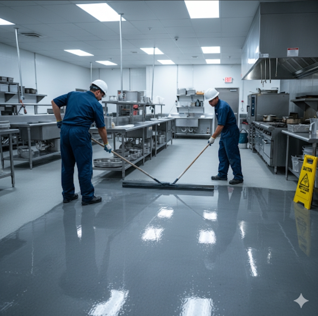 Pelapisan epoxy lantai abu-abu higienis di dapur restoran komersial