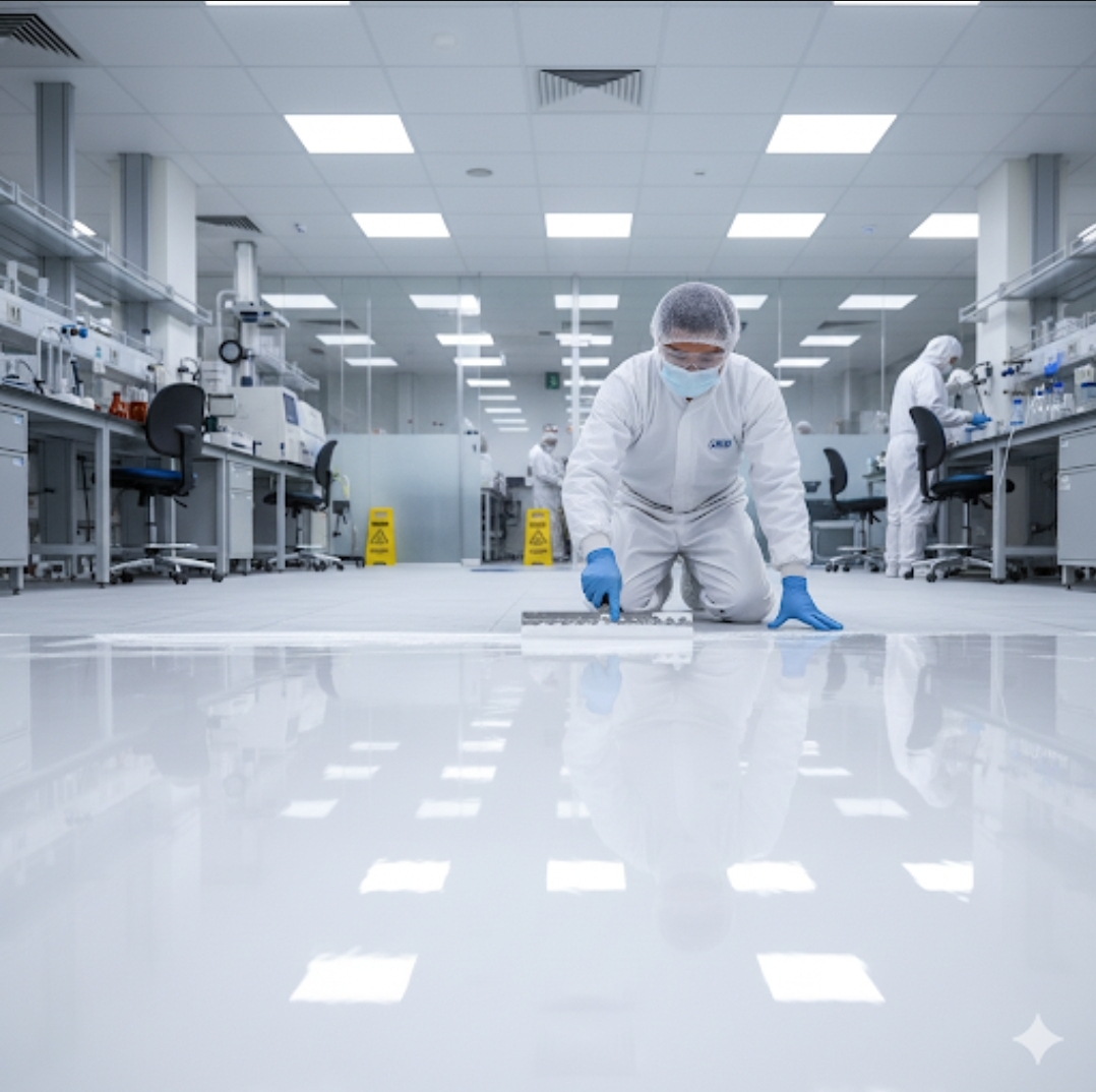 Lantai epoxy coating putih bersih untuk laboratorium farmasi