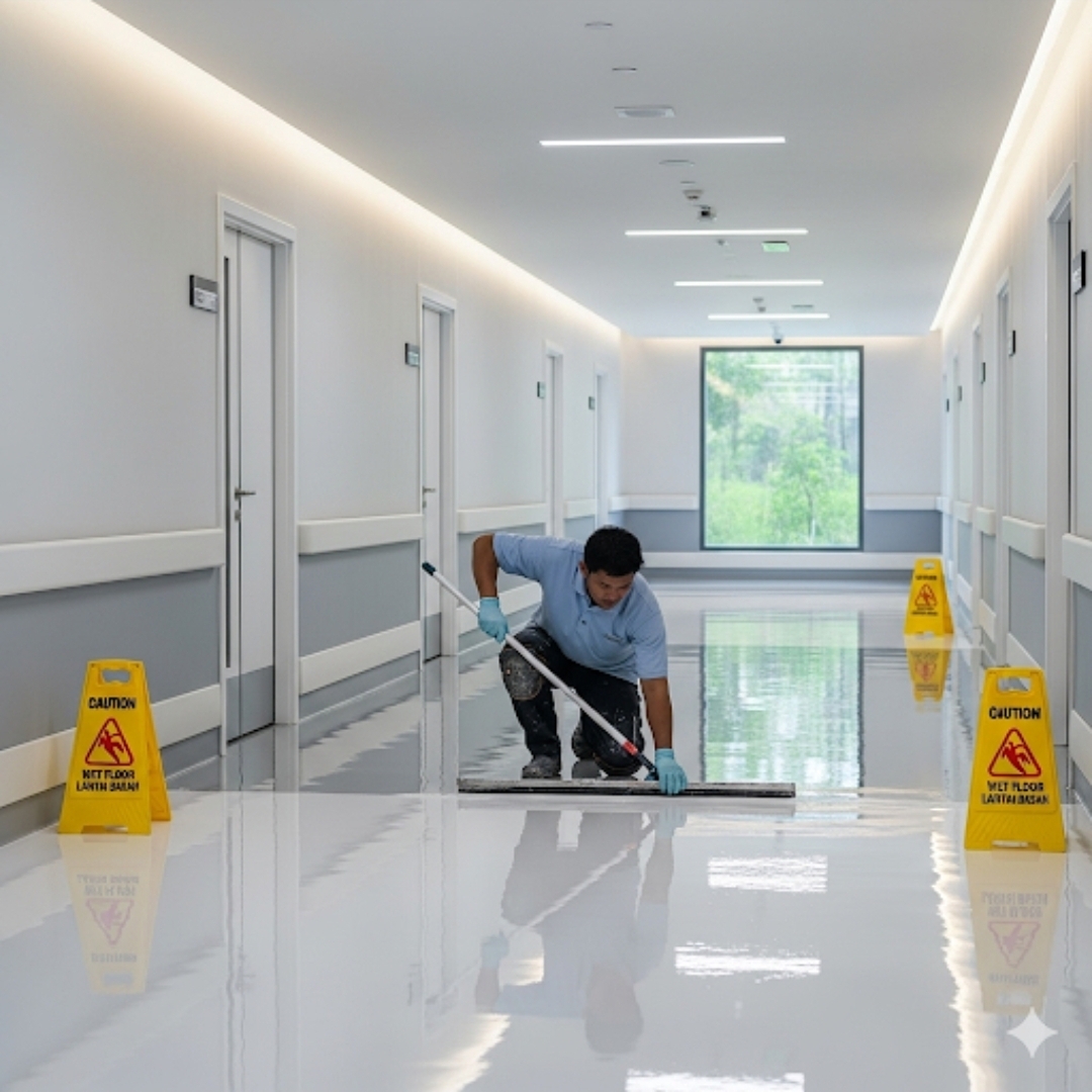 Jasa epoxy lantai untuk koridor rumah sakit steril dan higienis
