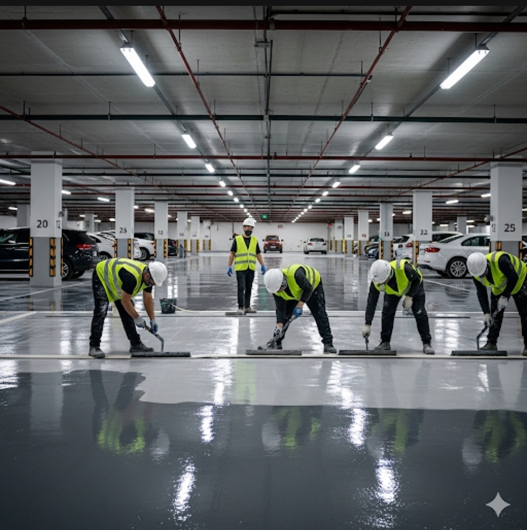 Jasa epoxy coating lantai area parkir basement gedung