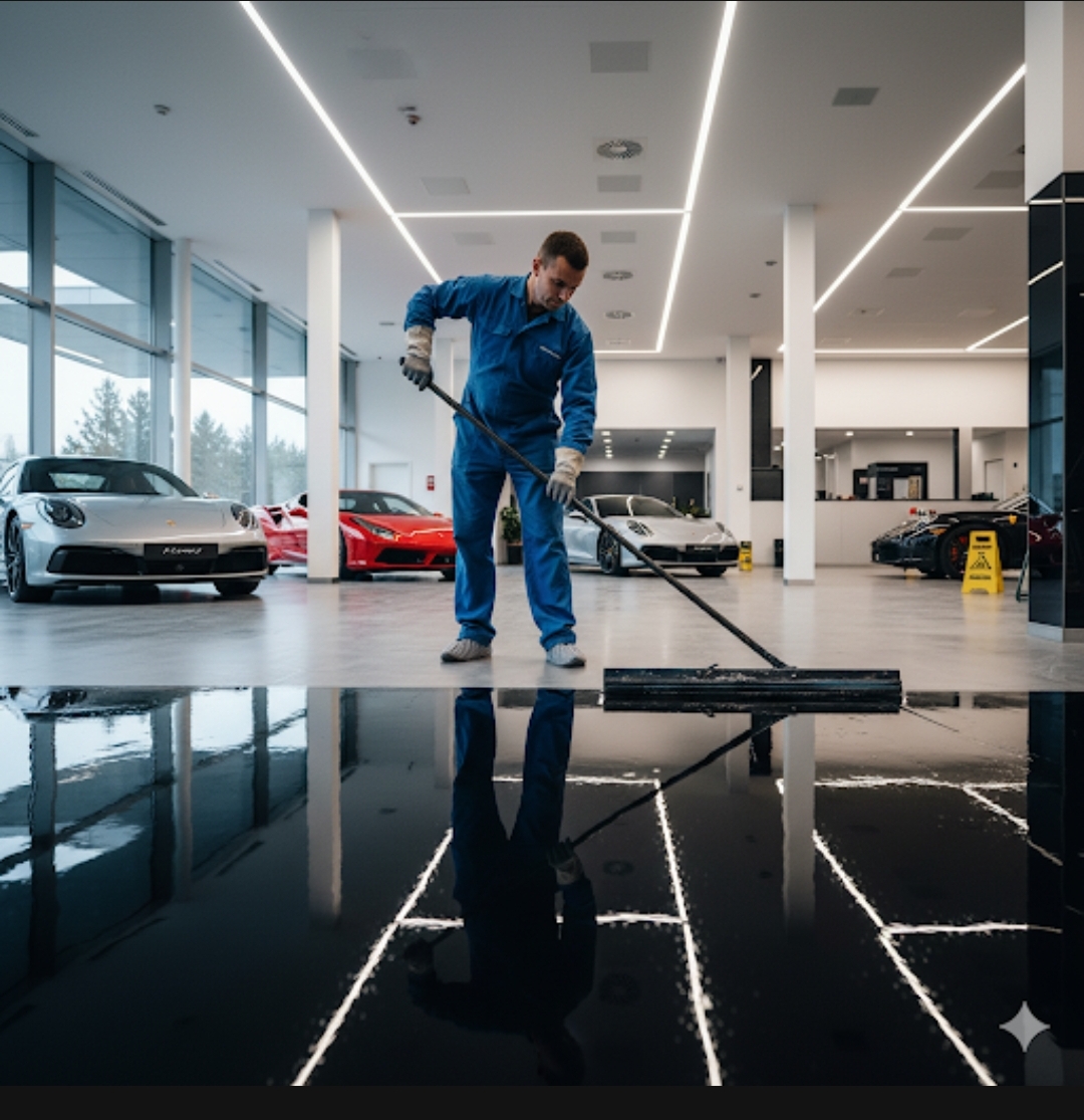 Lantai epoxy hitam mengkilap untuk showroom mobil mewah